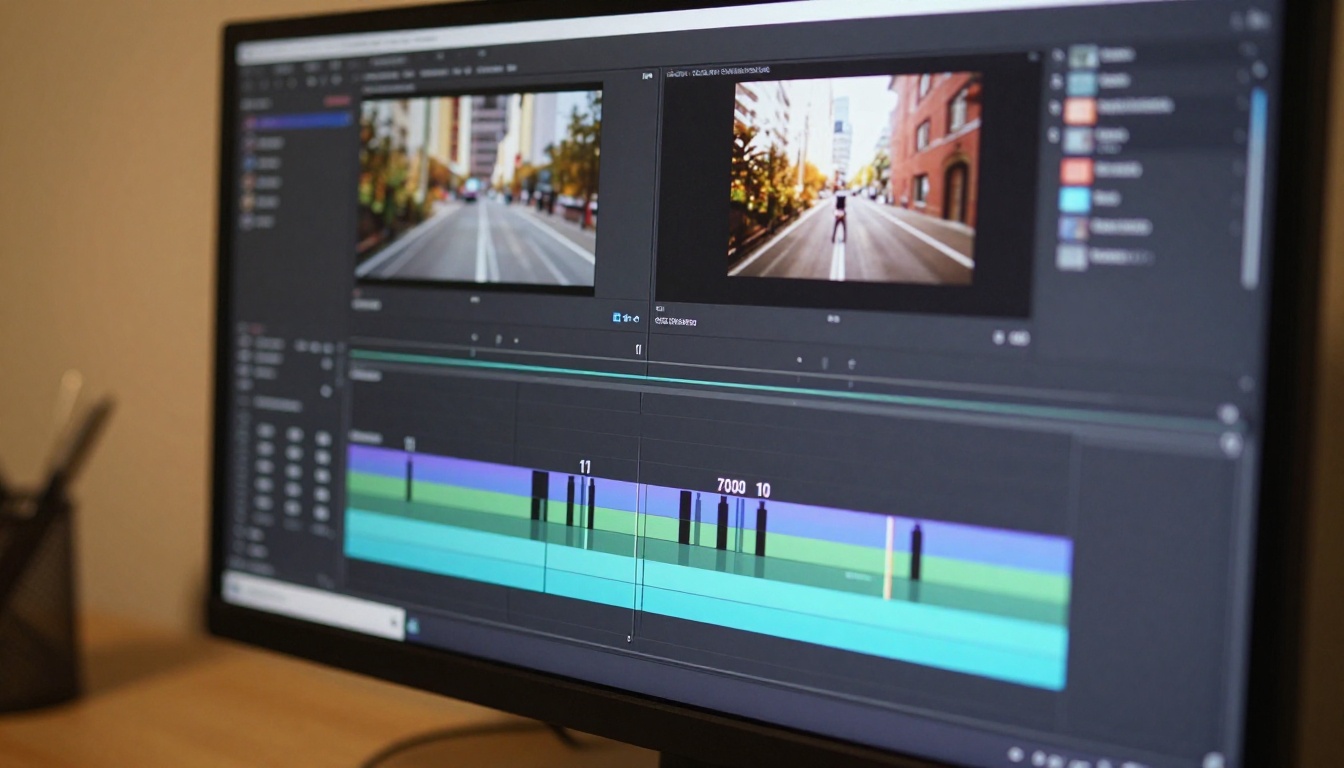 Close-up of NLE video editing timeline with motion tracking keyframes on monitor