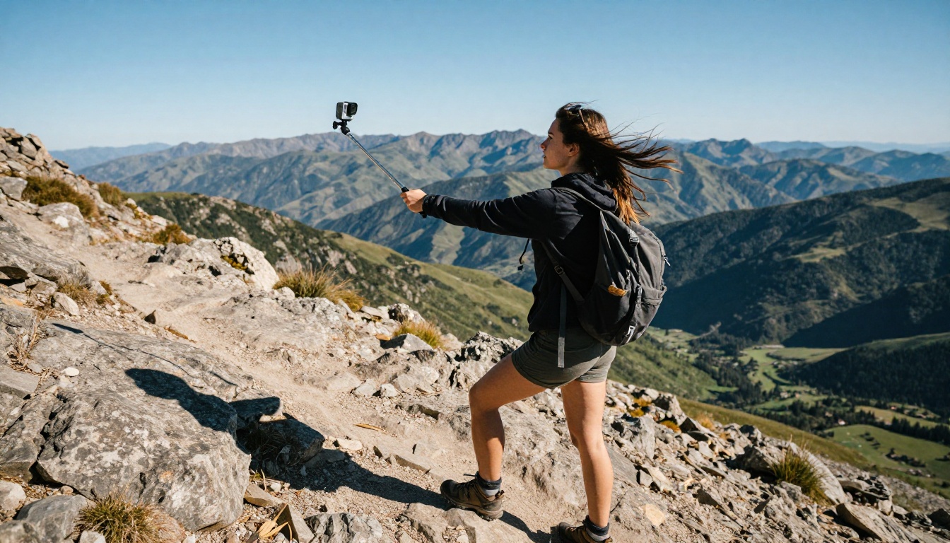 Young woman hiking mountain trail filming with GoPro action camera