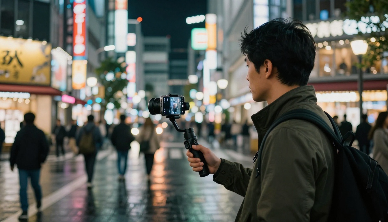 Travel vlogger filming on busy Tokyo street at night with smartphone on gimbal stabilizer