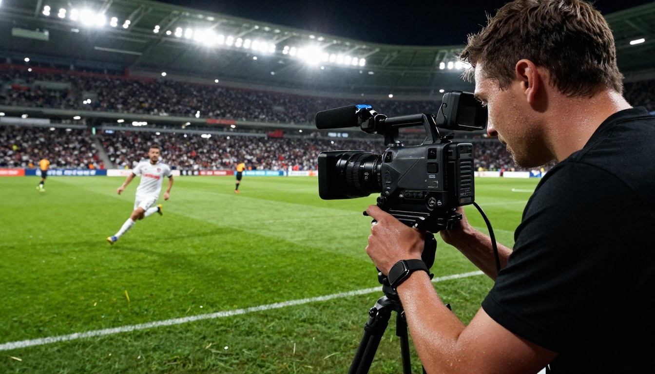 Sports videographer at sideline tracking fast-moving soccer player with cinema camera
