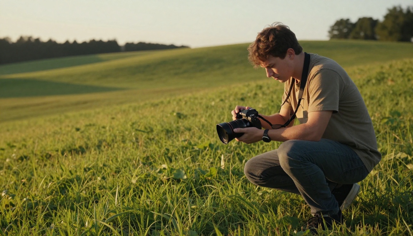 A young videographer crouched low filming a wide landscape scene in golden hour outdoor light A young videographer crouched low filming a wide landscape scene in golden hour outdoor light