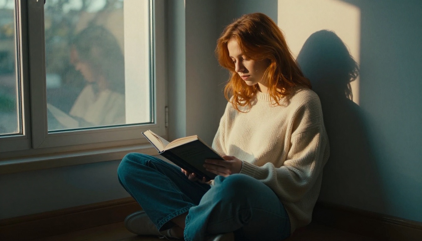 Woman reading by window in golden hour cinematic teal and orange grade