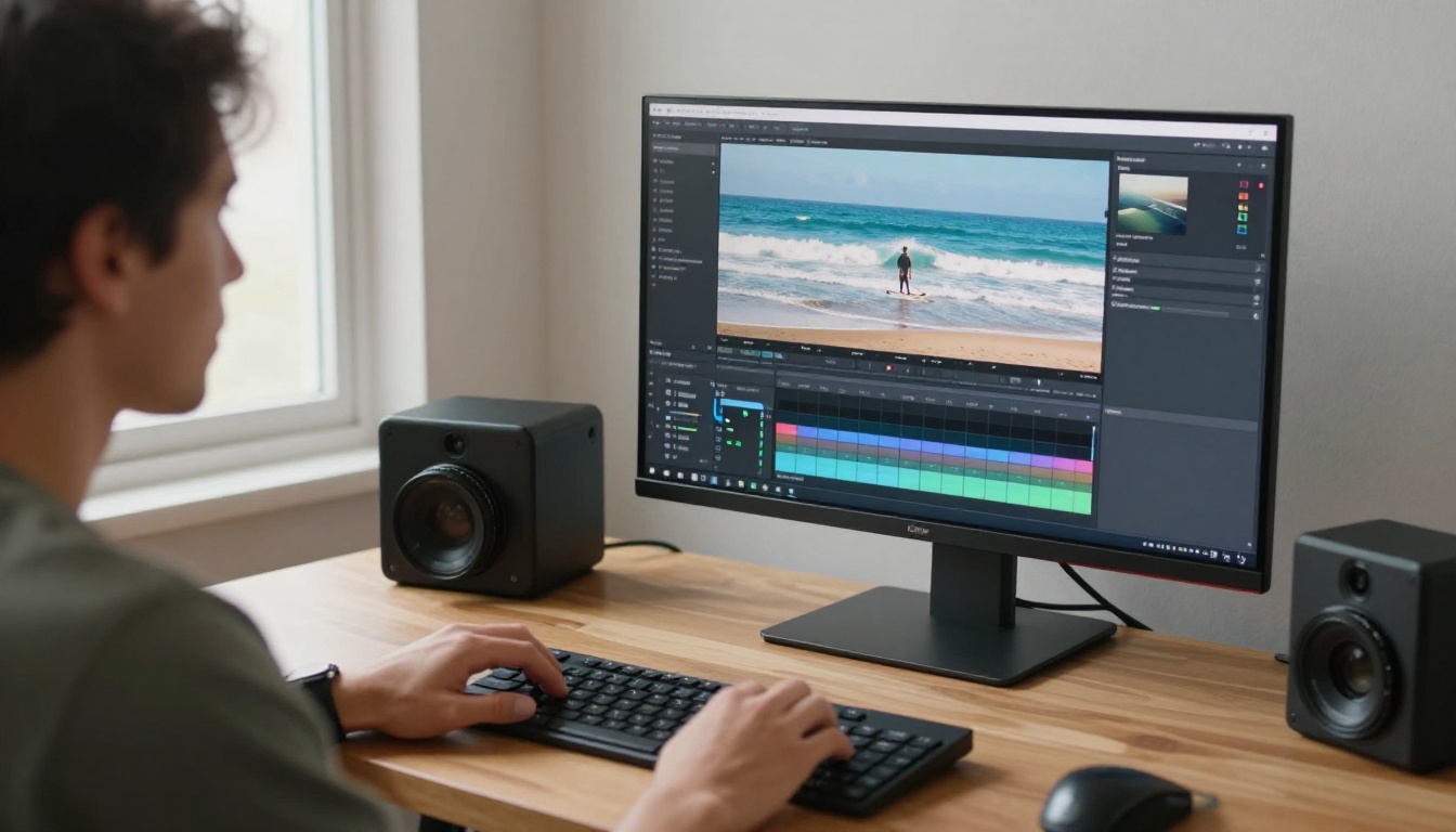 Content creator reviewing stabilized surfing footage on large 4K monitor at home studio desk