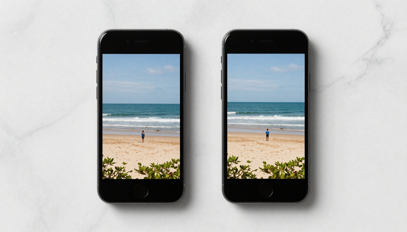 Two smartphones side by side on marble showing landscape video on the left and vertical reframed version on the right Two smartphones side by side on marble showing landscape video on the left and vertical reframed version on the right