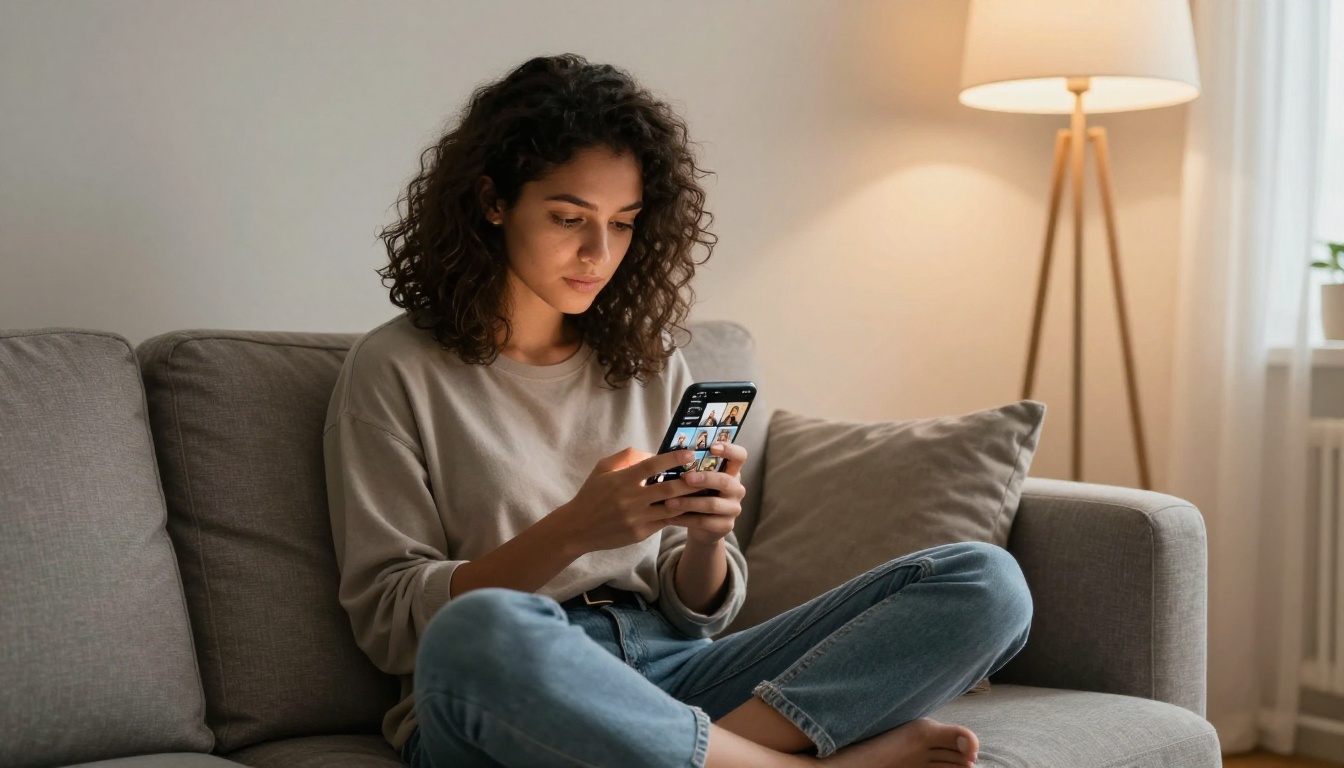 A stylish woman scrolling through a vertical video social media feed on her phone in a cozy apartment
