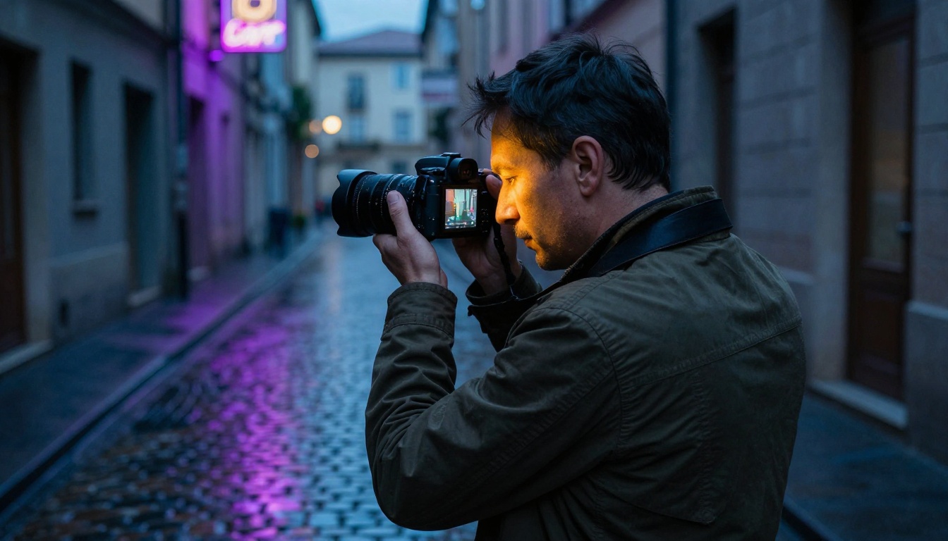 Male photographer in European alley at blue hour, cinematic desaturated grade