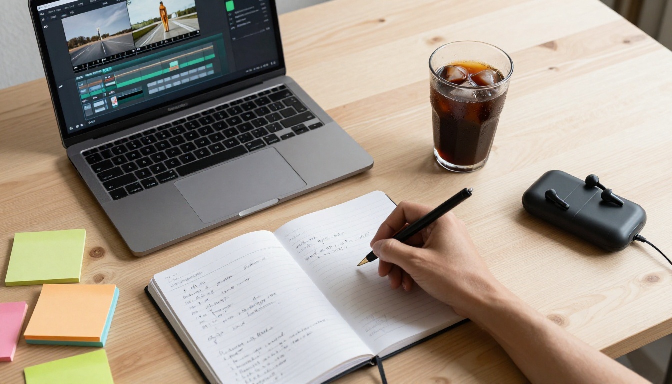 Aerial view of a creative workspace with laptop showing video timeline, notebook, and coffee on a wood desk Aerial view of a creative workspace with laptop showing video timeline, notebook, and coffee on a wood desk