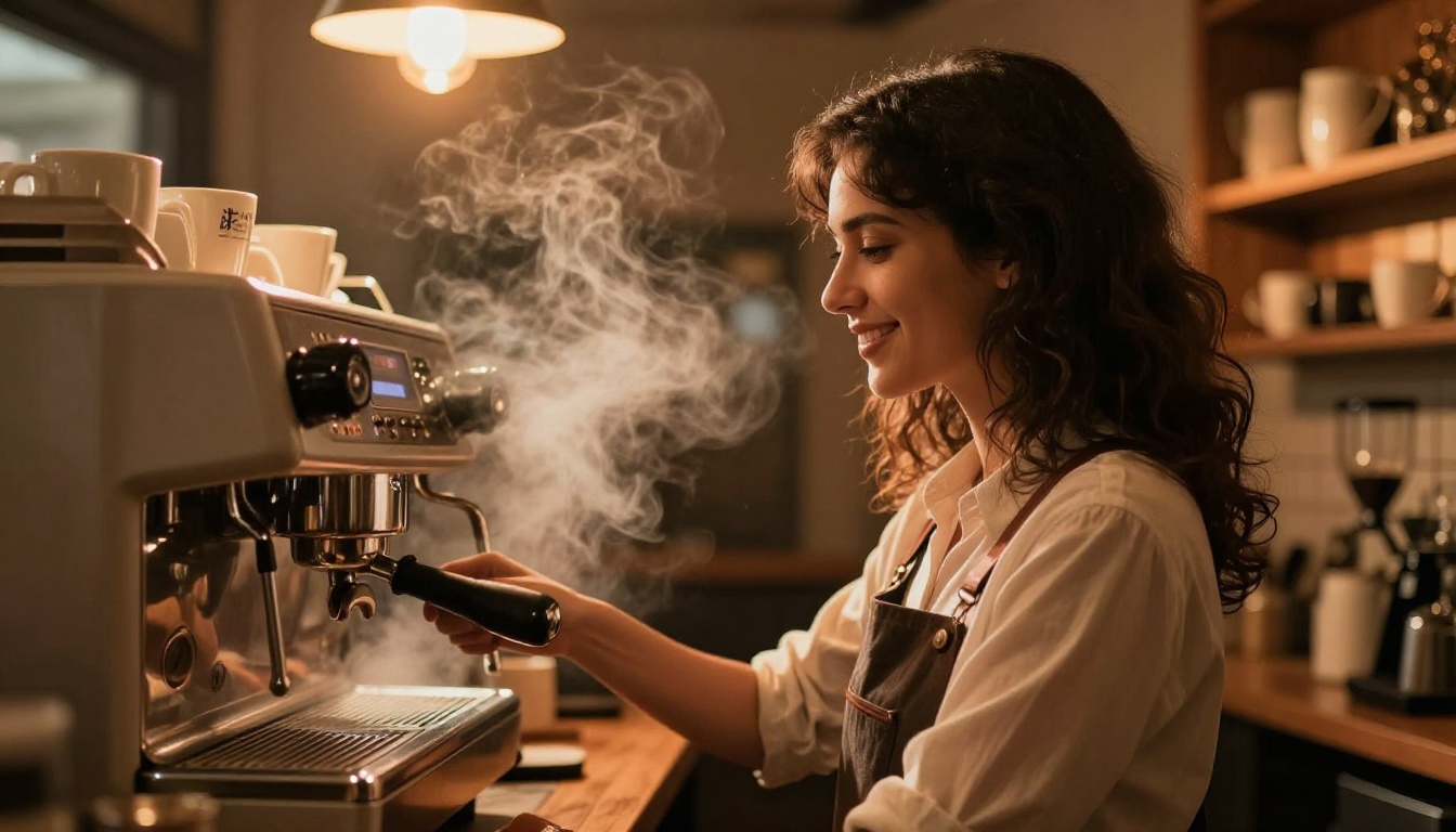 Female barista in warmly lit coffee shop, amber cinematic tone