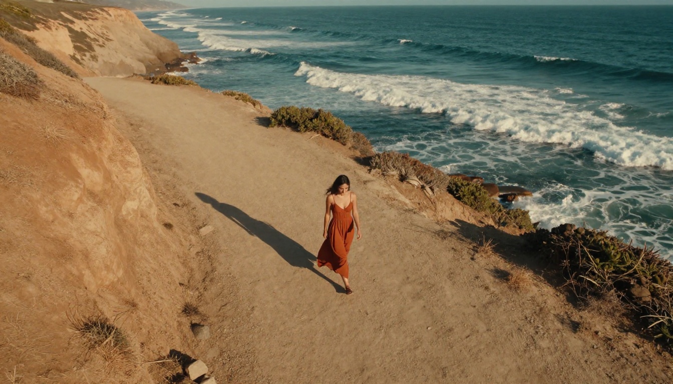 Aerial shot of woman on coastal cliff path, wide cinematic teal and orange grade