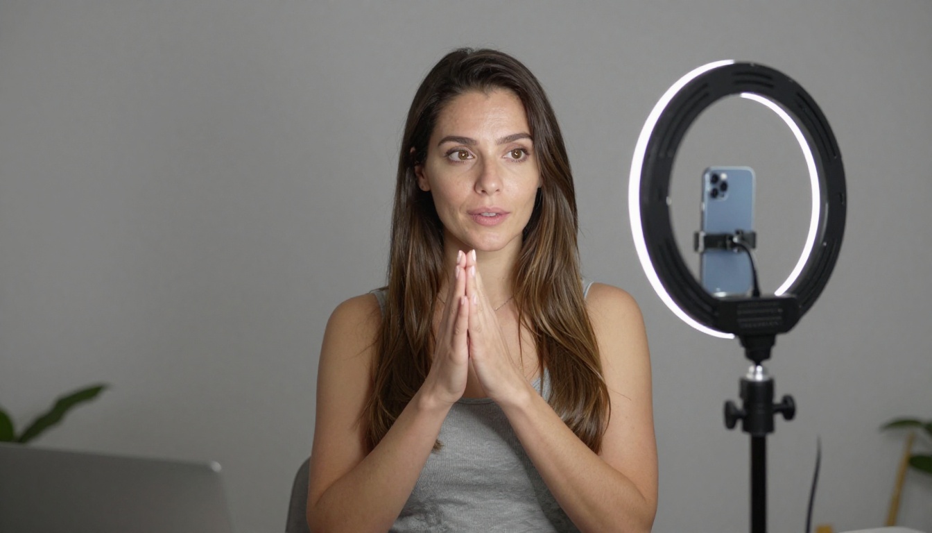 A confident female content creator filming vertical video on a tripod-mounted phone in front of a ring light A confident female content creator filming vertical video on a tripod-mounted phone in front of a ring light