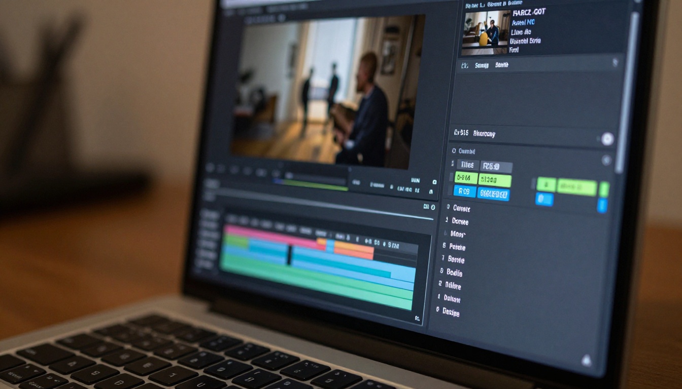A close-up of a laptop screen showing a video editing interface with a vertical video preview panel and timeline tracks