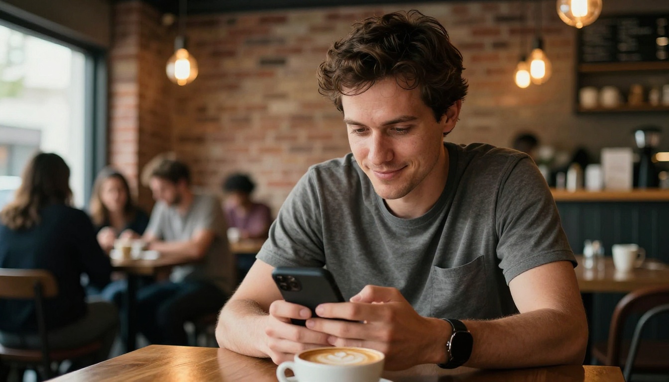 A man watching short vertical videos on his phone at a warm cafe table with a cappuccino