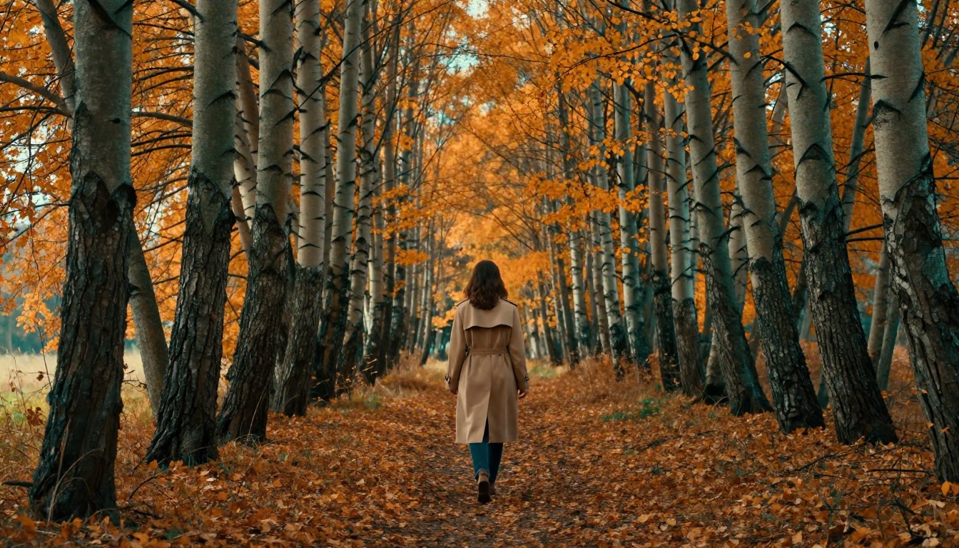 Woman walking through autumn forest path, teal and orange grade with warm foliage