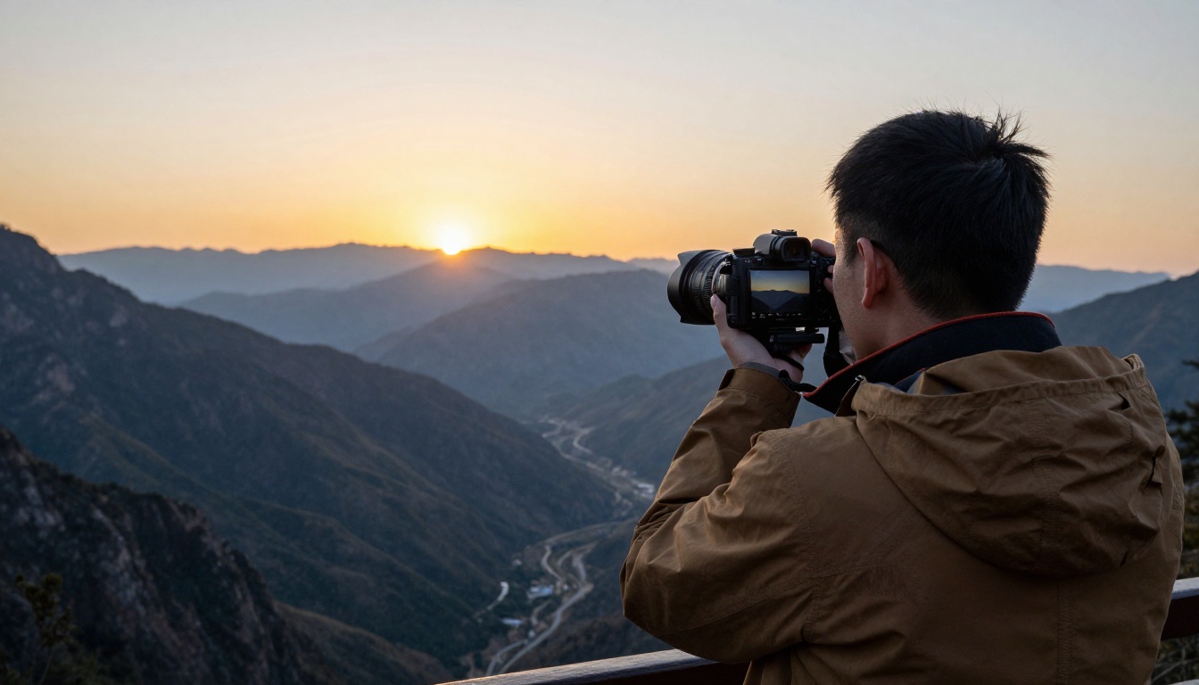 A travel photographer reviewing landscape footage on a camera at a scenic mountain overlook at golden hour