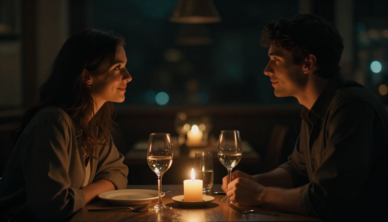 Couple at candlelit dinner table, warm cinematic orange grade