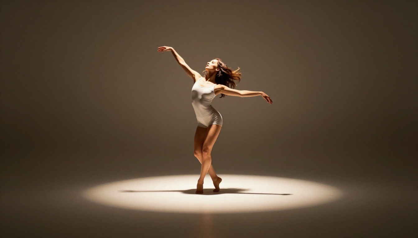 Female dancer in dramatic single-spotlight chiaroscuro, desaturated silver grade