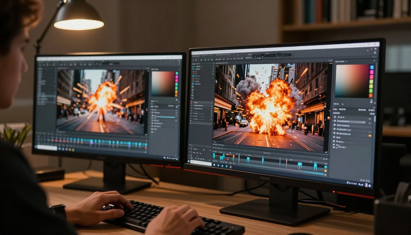 AI visual effects artist workstation with explosion compositing in progress