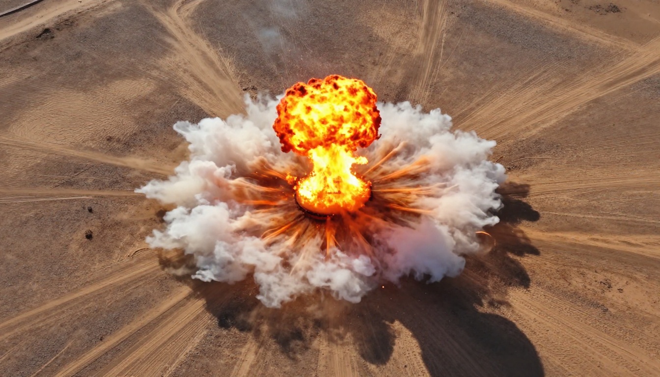 Aerial overhead view of explosion blast radius on desert testing ground