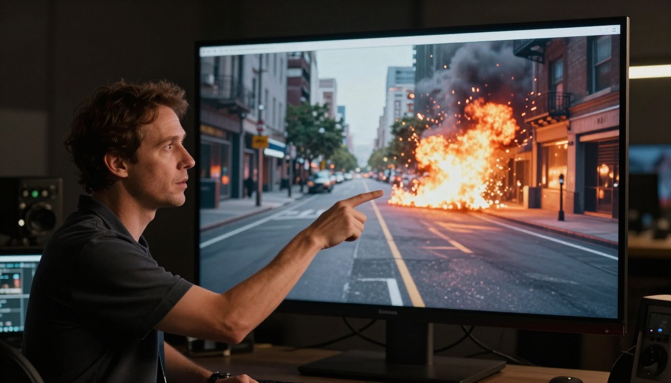 Creative director reviewing AI explosion composite before and after on studio display