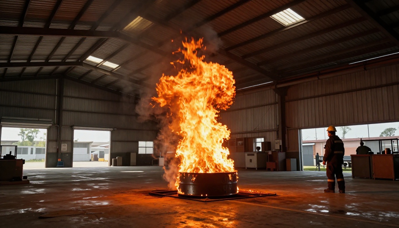 Controlled fire effect burning in warehouse with chiaroscuro industrial lighting