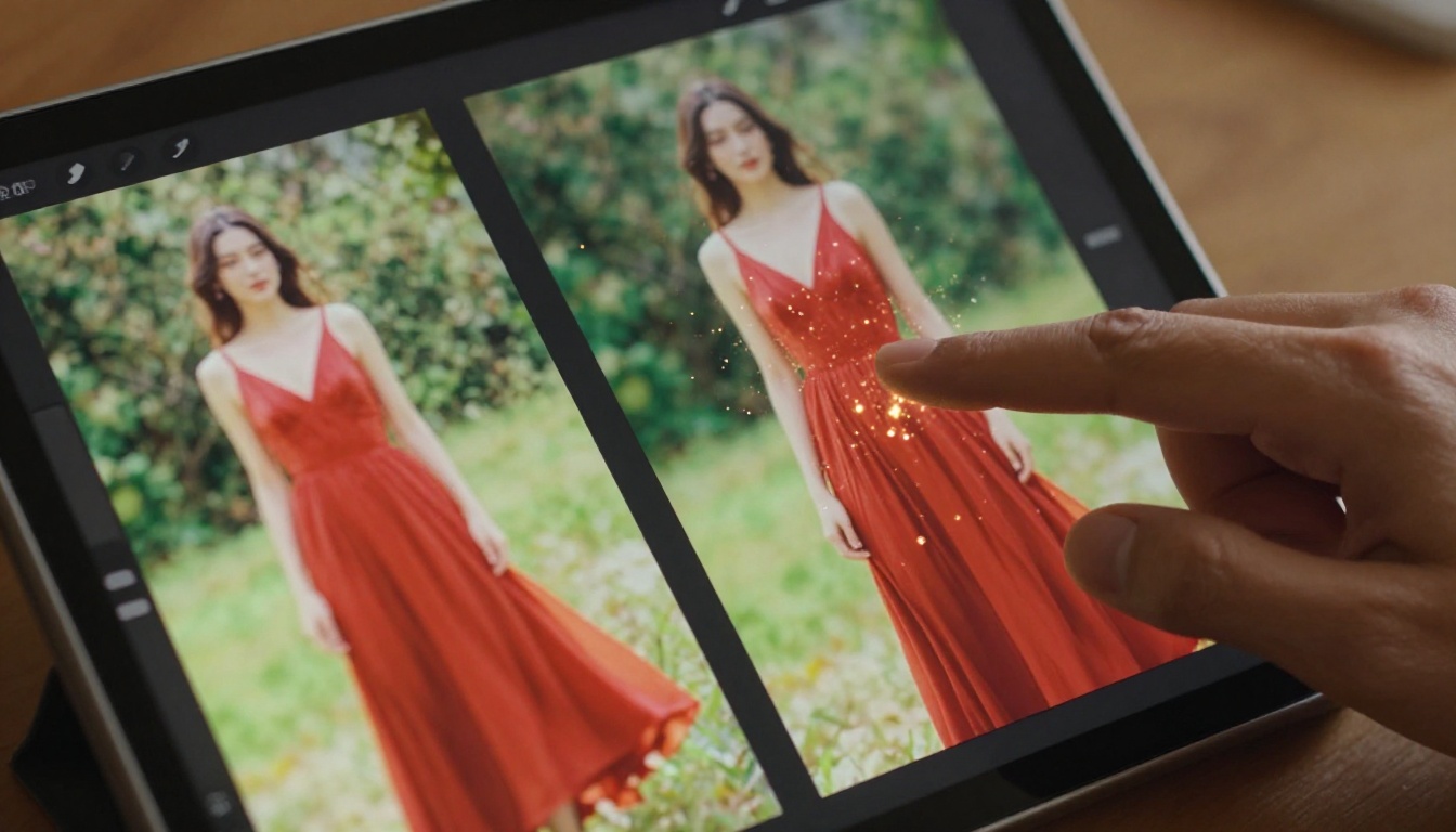 Tablet screen showing split panel before and after AI FX compositing comparison