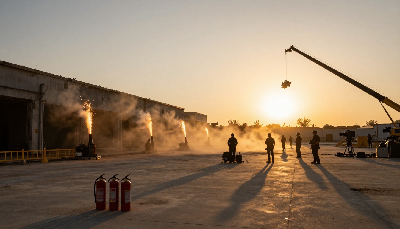 Wide shot of film production set at magic hour with pyrotechnics positioned around building on location