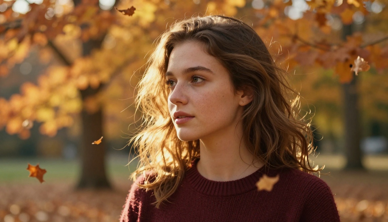 Woman in a burgundy knit sweater outdoors in an autumn park setting with natural bokeh foliage, golden side-light, realistic nature backdrop