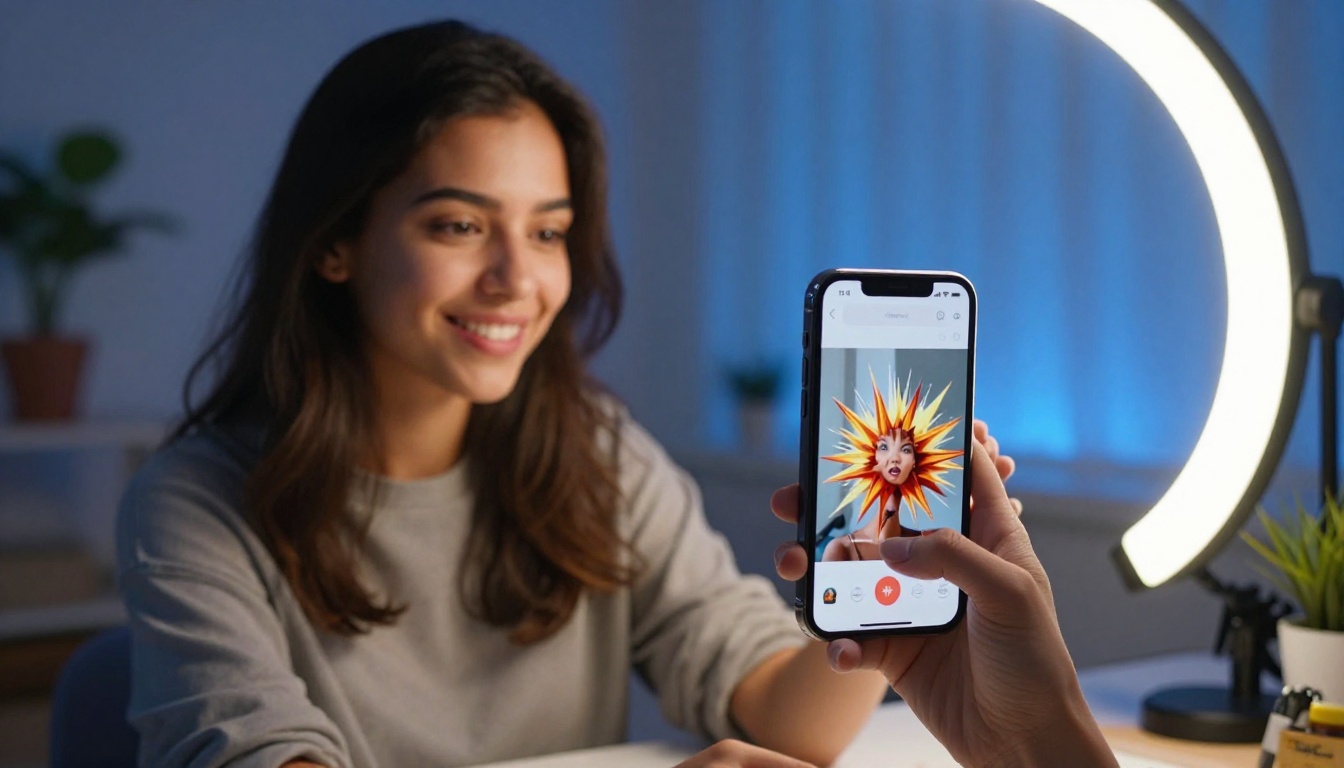 Young woman content creator using AI app on phone to apply FX effects to photo