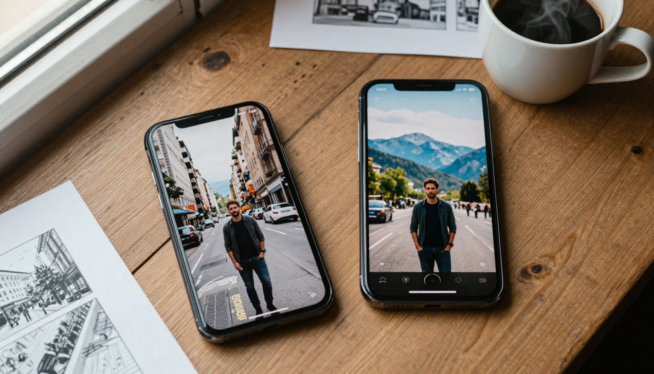 Smartphone flat-lay on an oak table showing before-and-after background replacement in an AI photo editing app