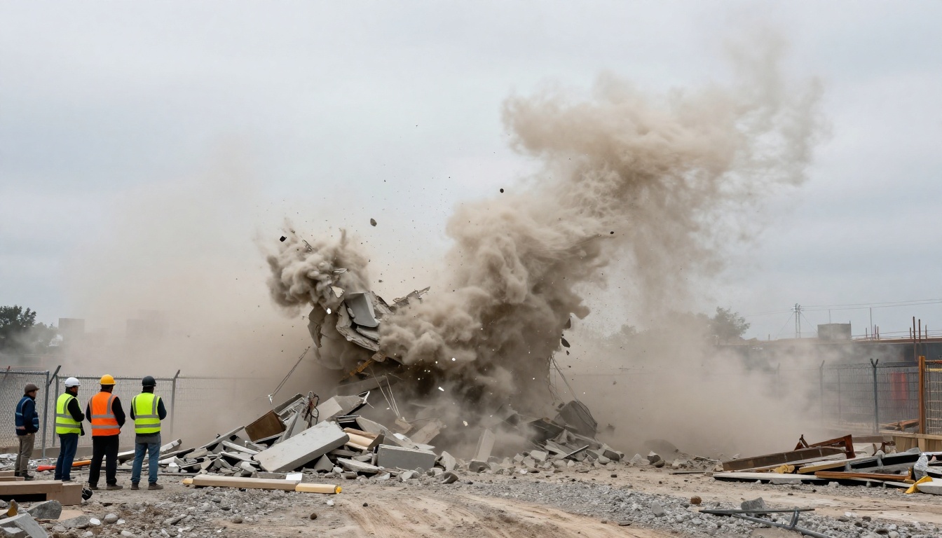 Building demolition cloud with concrete debris frozen mid-air in overcast daylight