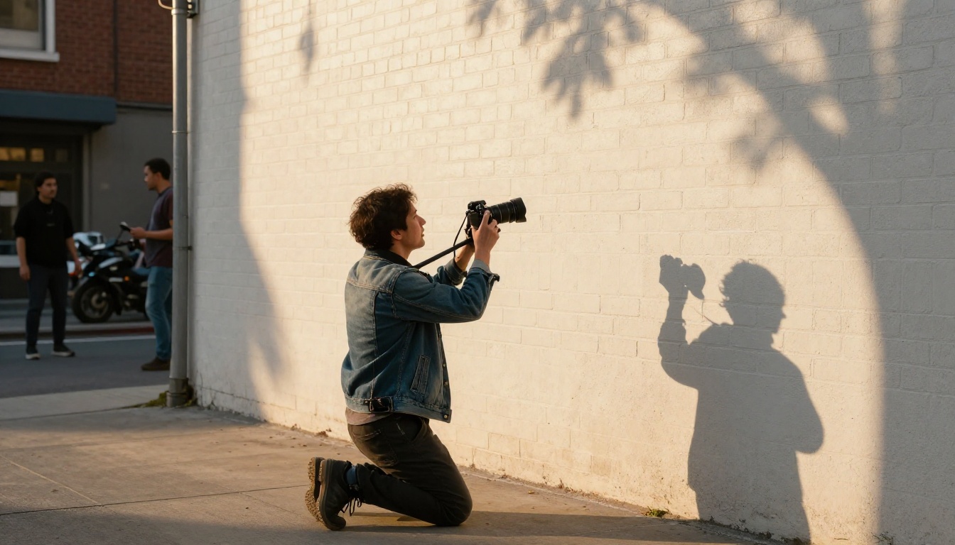 Filmmaker kneeling at low angle in a city alley shooting an actress against a plain white brick wall, golden hour light, shoulder rig