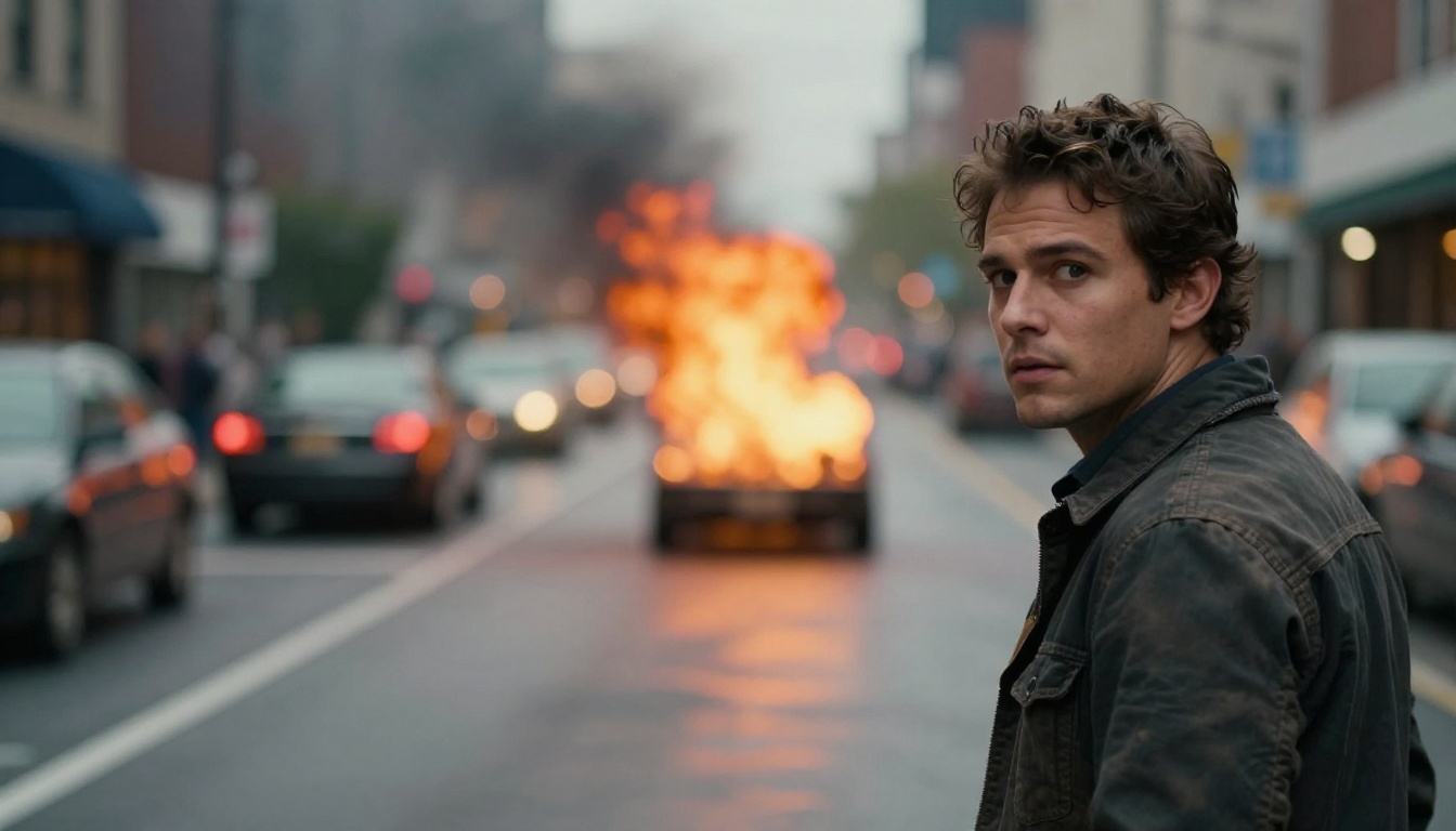 Action stunt performer with out-of-focus explosion bokeh visible behind them on a city street