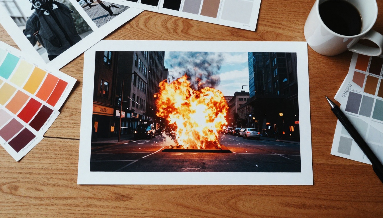 Graphic designer reviewing printed explosion composite photo on creative desk setup