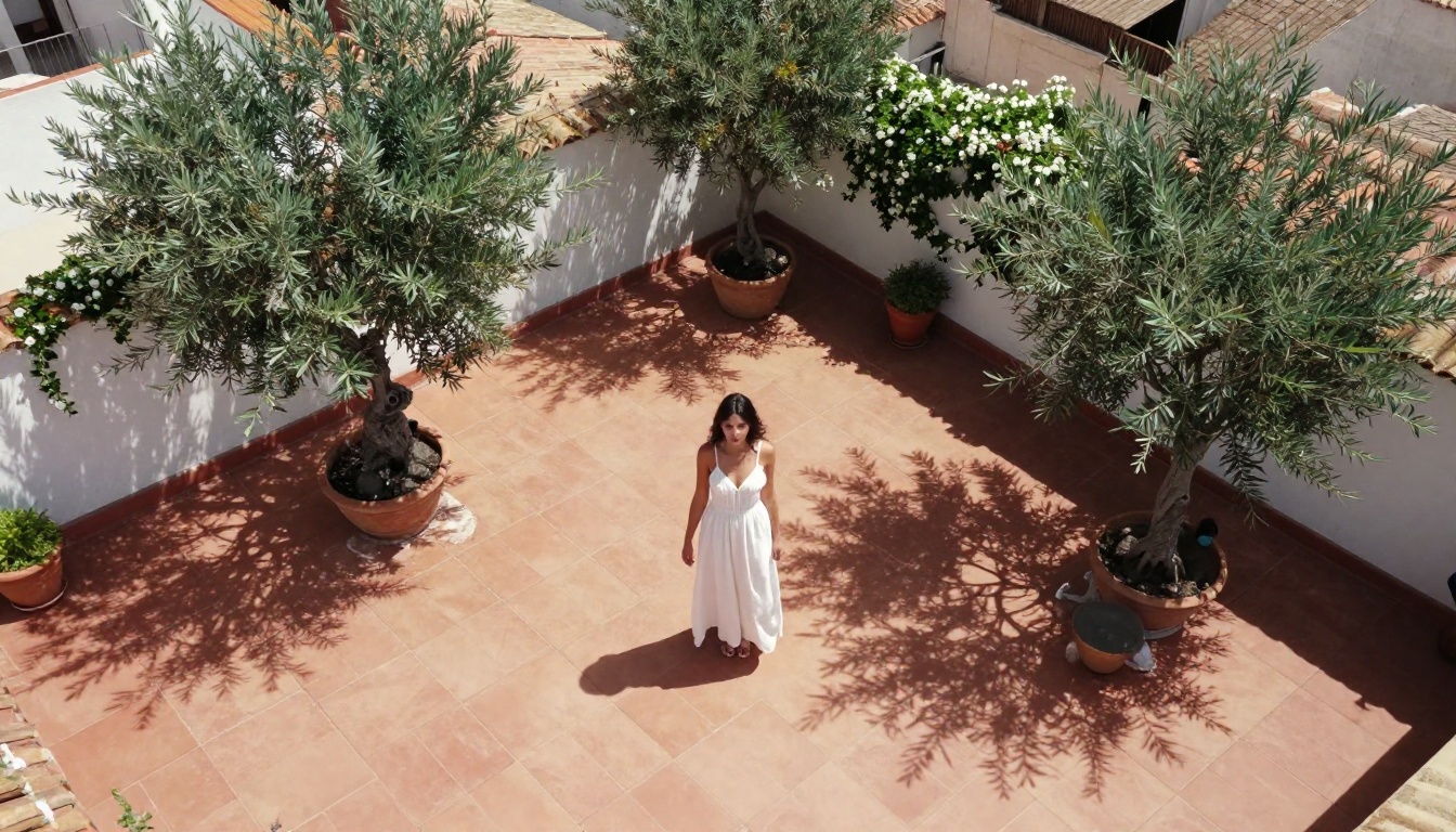 Aerial overhead view of a woman in a white sundress on a Mediterranean rooftop terrace with terracotta tiles, strong subject-background separation