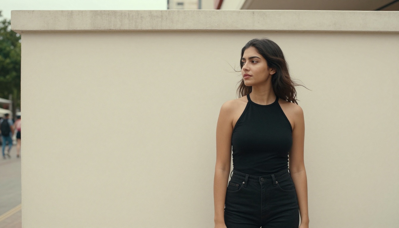 Young woman in a black halter top and jeans standing against a plain cream urban wall, perfect edge separation, even overcast daylight