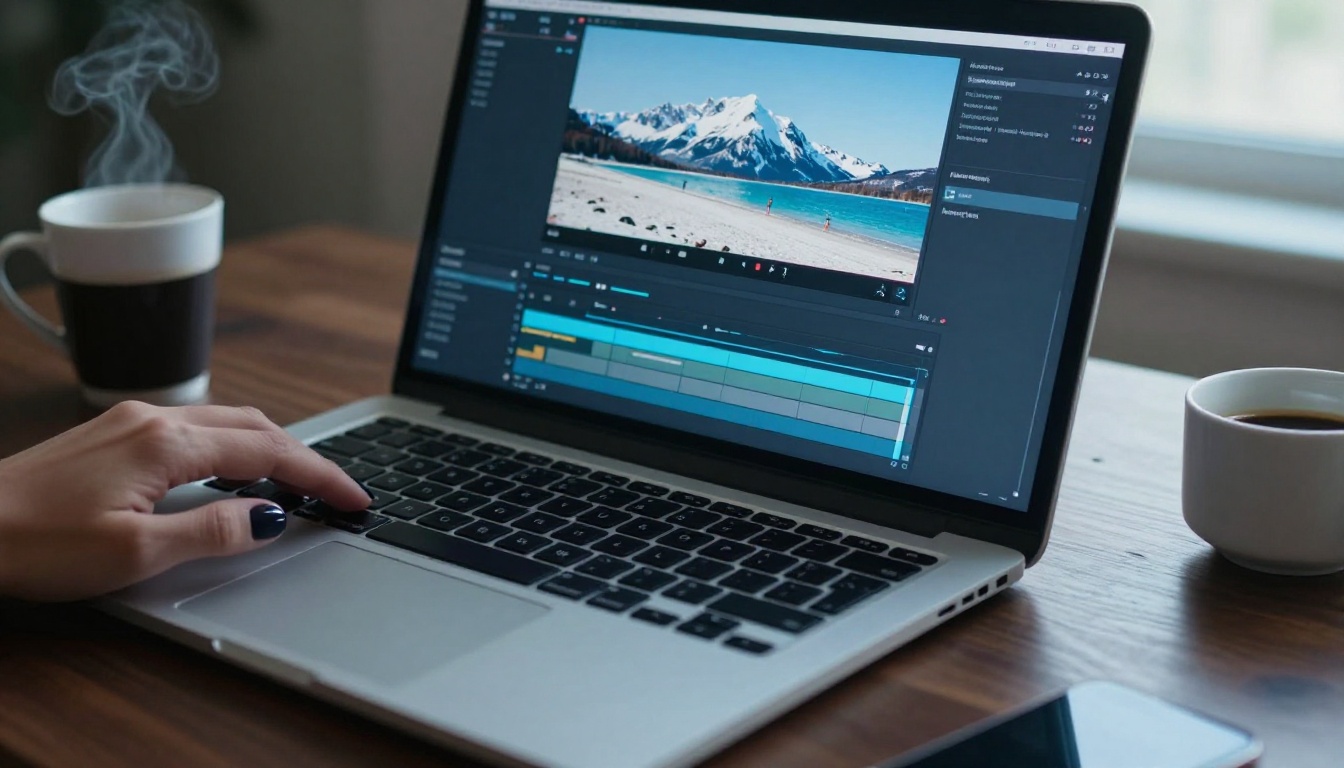 AI video editing interface showing background replacement preview on a laptop screen, espresso cup nearby, warm ambient light