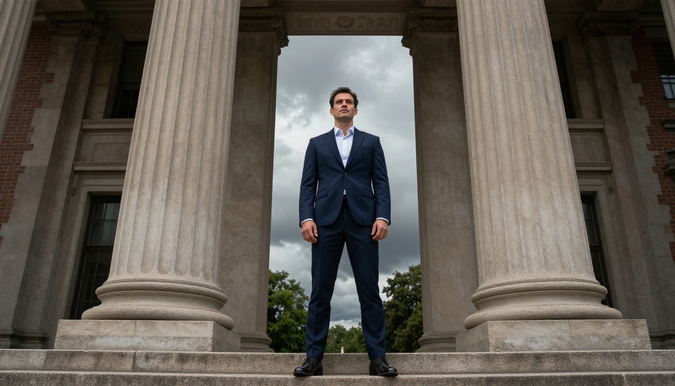 Confident man in a navy blazer on the steps of a grand stone building, dramatic overcast sky, extreme low-angle perspective