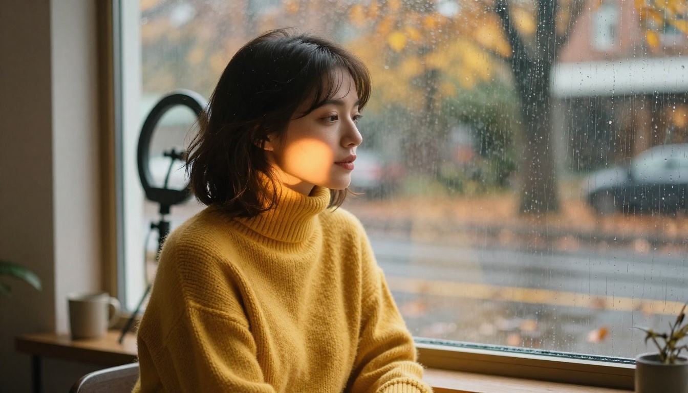 Content creator in a mustard turtleneck at a rainy window seat with warm lamp light, ring light visible, home studio setup