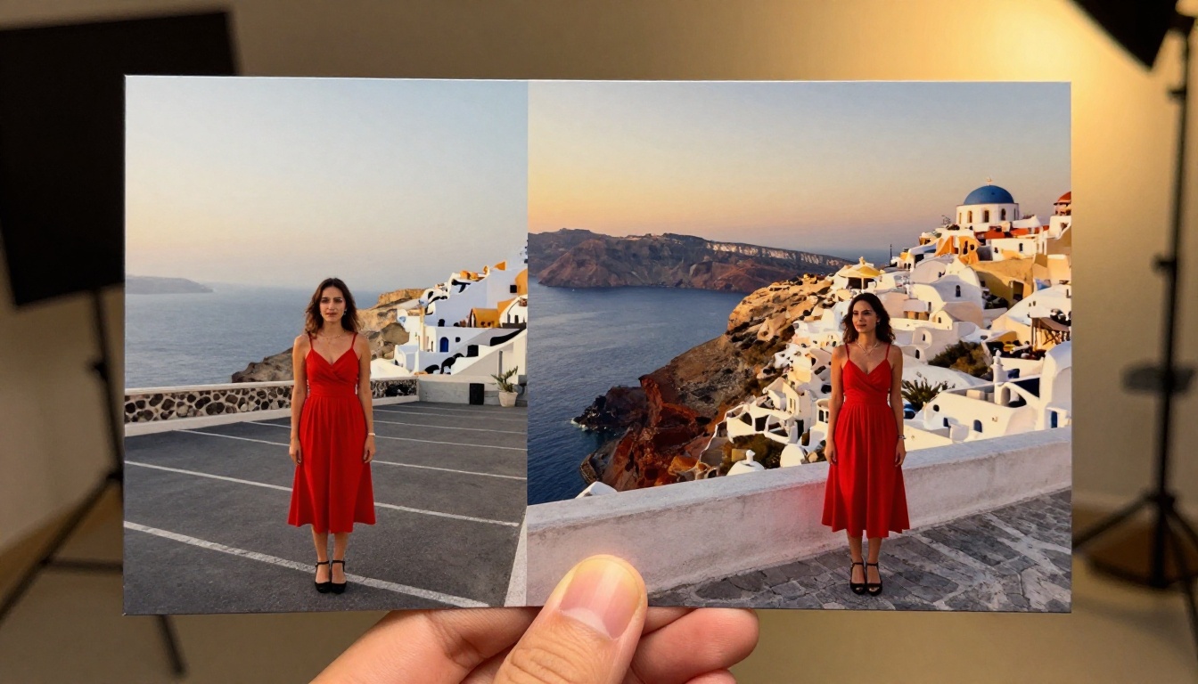 Before-and-after comparison print showing a woman in a red dress with background replaced from a parking lot to a Santorini sunset
