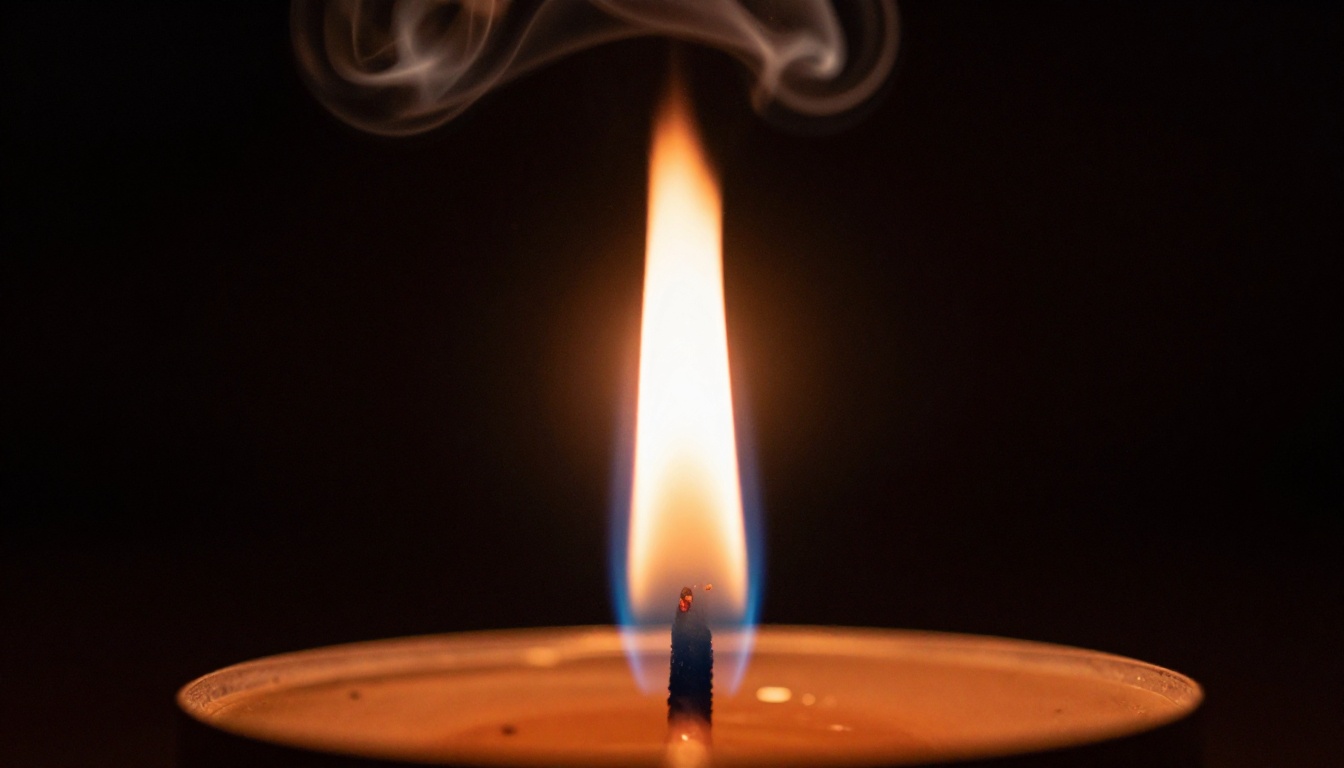 Close-up macro shot of a single candle flame with delicate smoke wisps