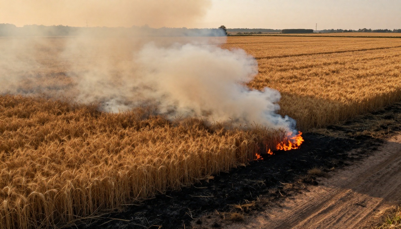 Aerial view of a controlled field burn with smoke plumes at golden hour