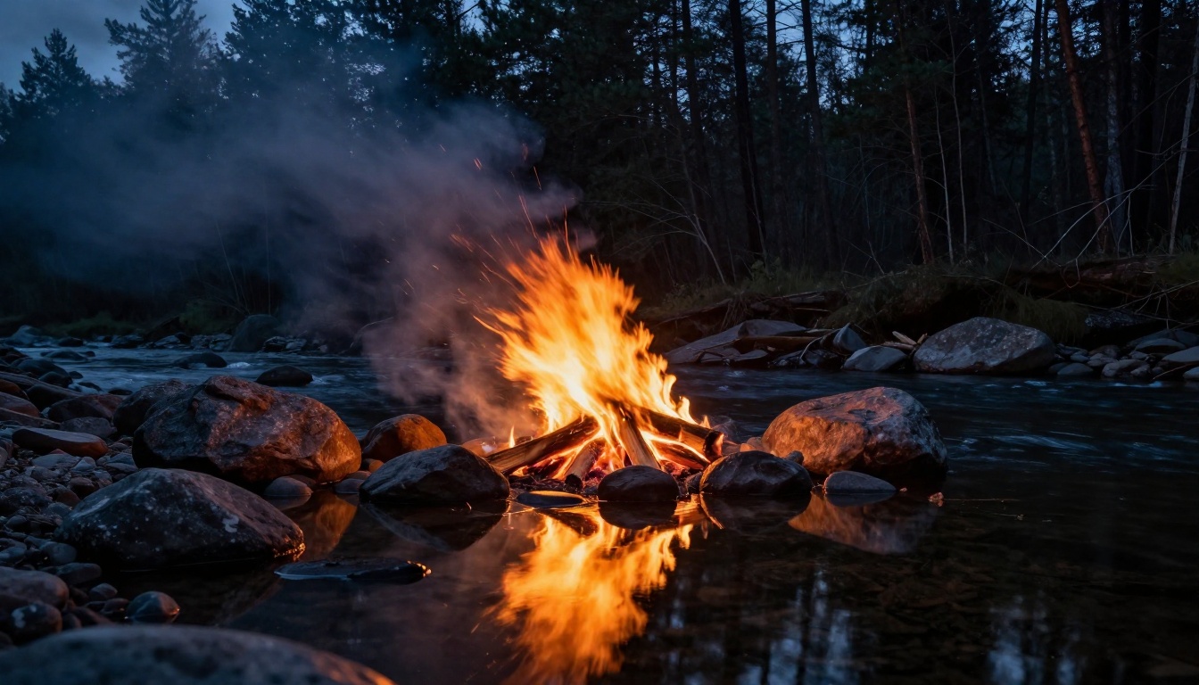Campfire burning at night with flames reflecting in a dark rocky river