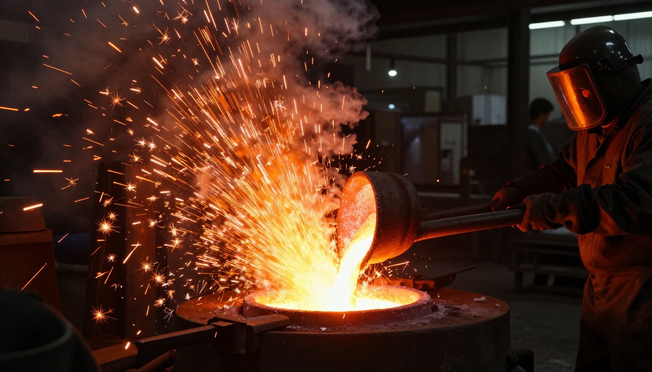 Industrial steel forge with molten metal and exploding sparks