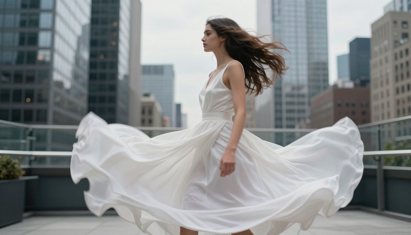 A fashion model spinning in a white silk dress with elegant radial motion blur on a Manhattan rooftop