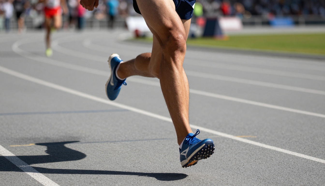 A sprinting athlete on an Olympic track with powerful leg muscles sharp and arms trailing linear motion blur