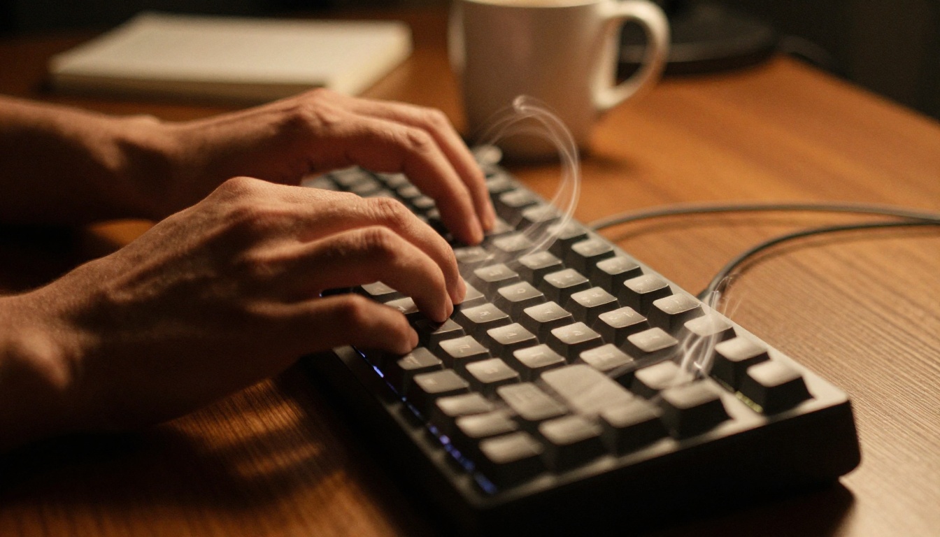 Close-up of hands typing rapidly on a mechanical keyboard with ghostly finger motion blur trails