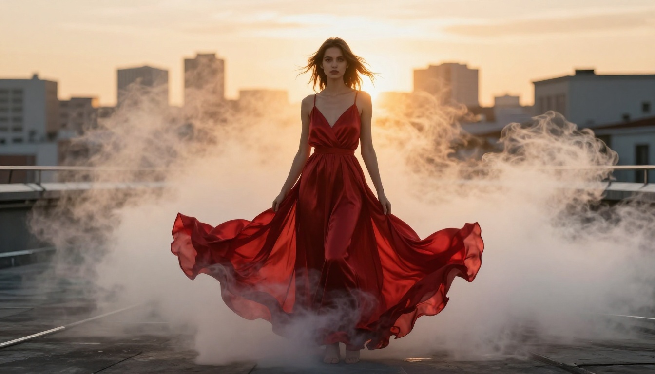 Fashion model in a red silk dress surrounded by atmospheric smoke at golden hour on a rooftop