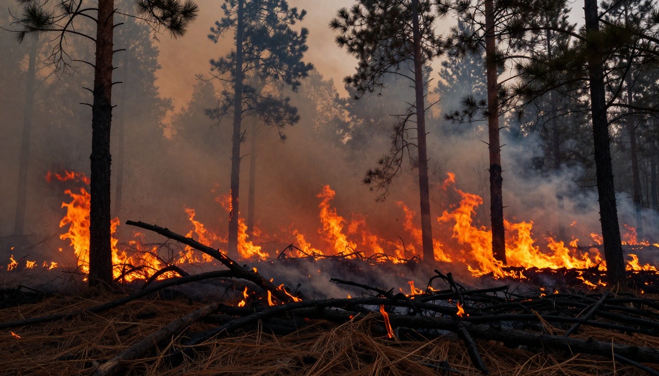 Wildfire burning through a pine forest at twilight with heavy smoke