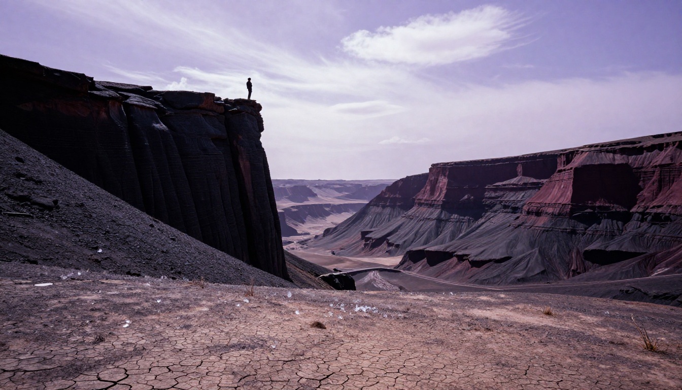 Alien valley with towering obsidian rock pillars and a lone human silhouette at the cliff edge Alien valley with towering obsidian rock pillars and a lone human silhouette at the cliff edge