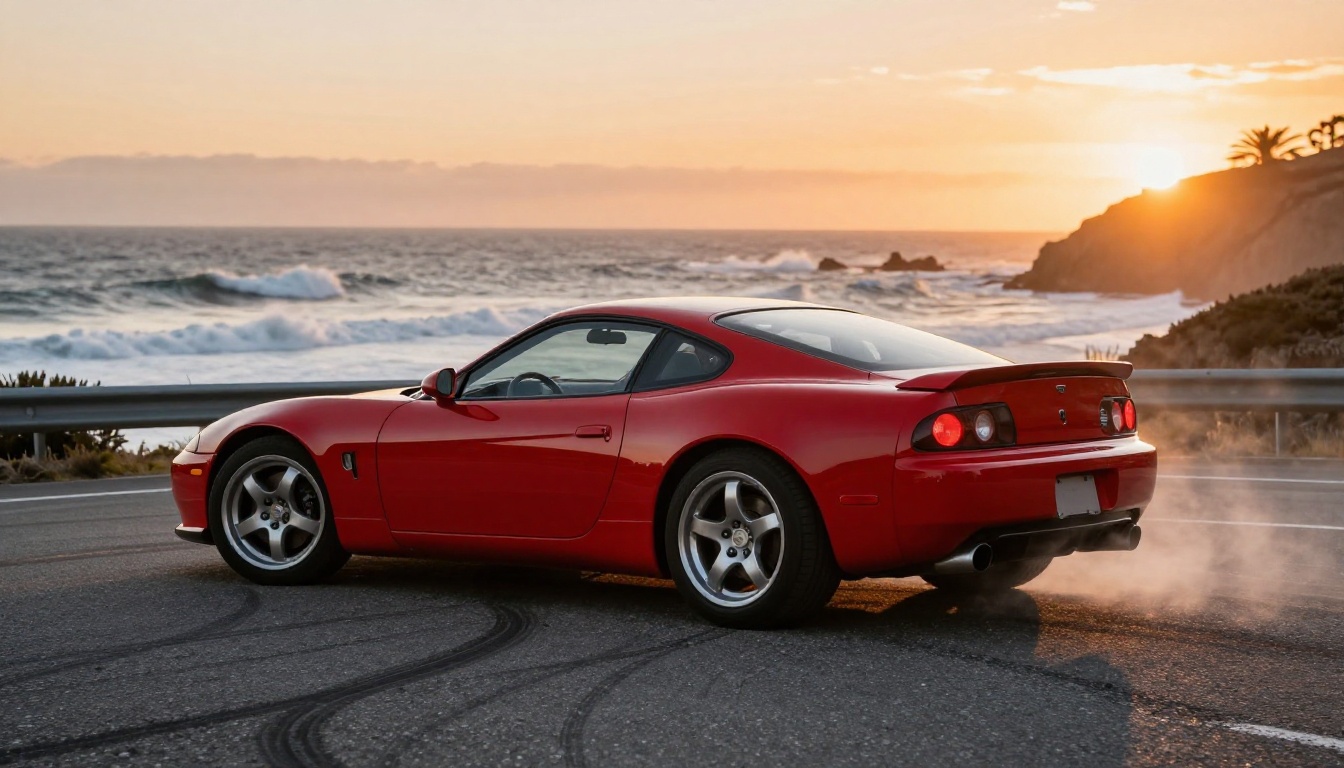 A red sports car drifting on a coastal sunset highway with crisp car body and dramatic wheel trail blur